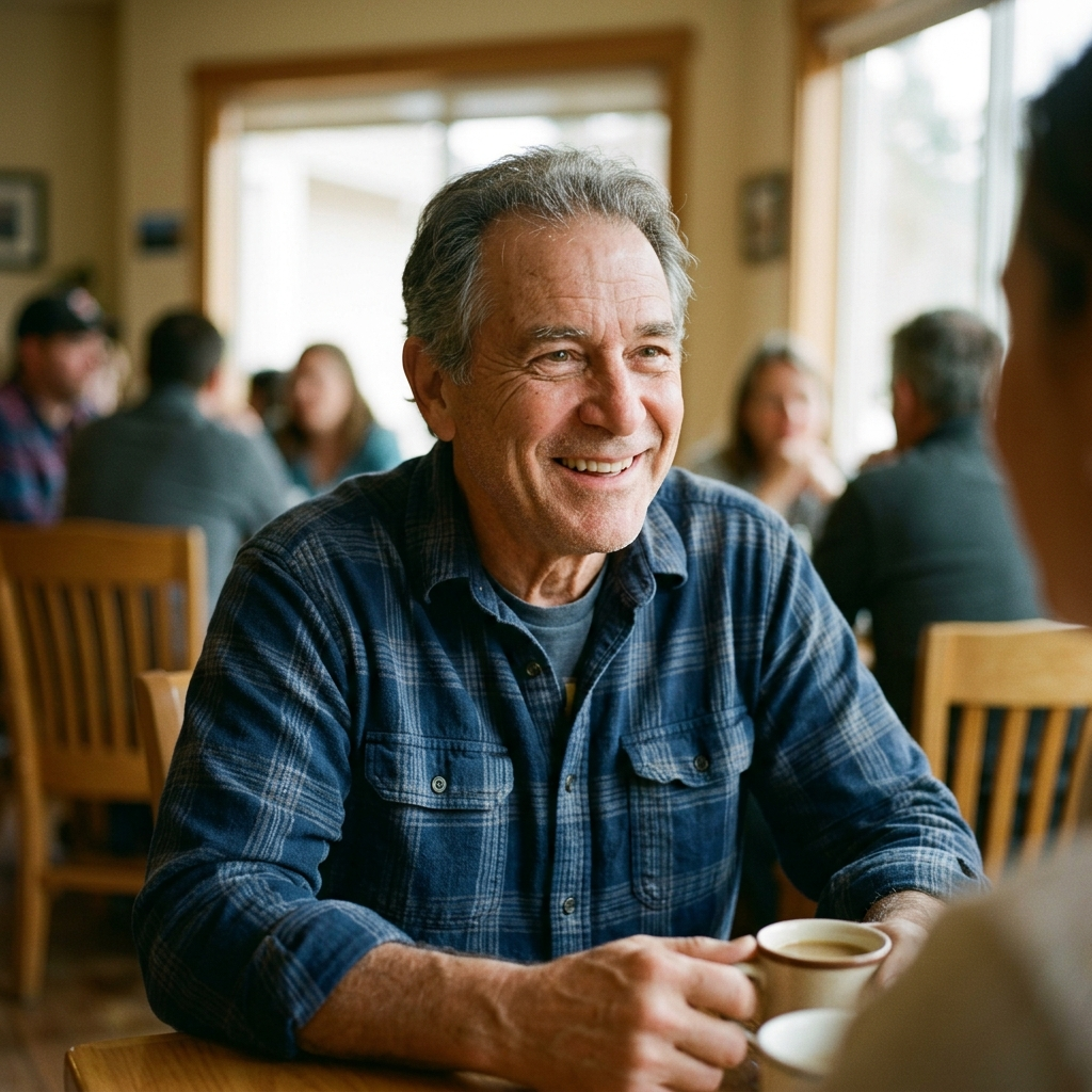 Senior smiling in conversation, hearing clearly