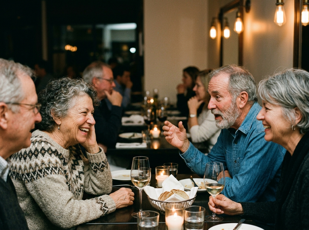 Friends catching up over dinner at a restaurant