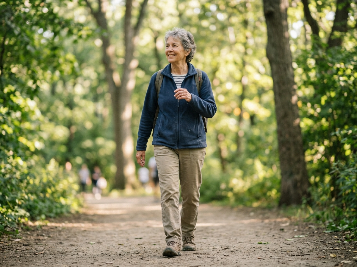 Active senior walking outdoors with confidence