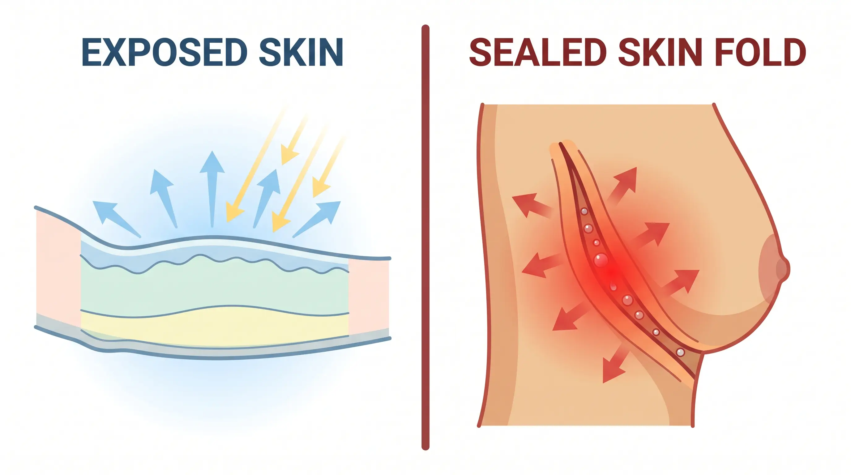 Diagram: exposed skin vs sealed skin fold environment