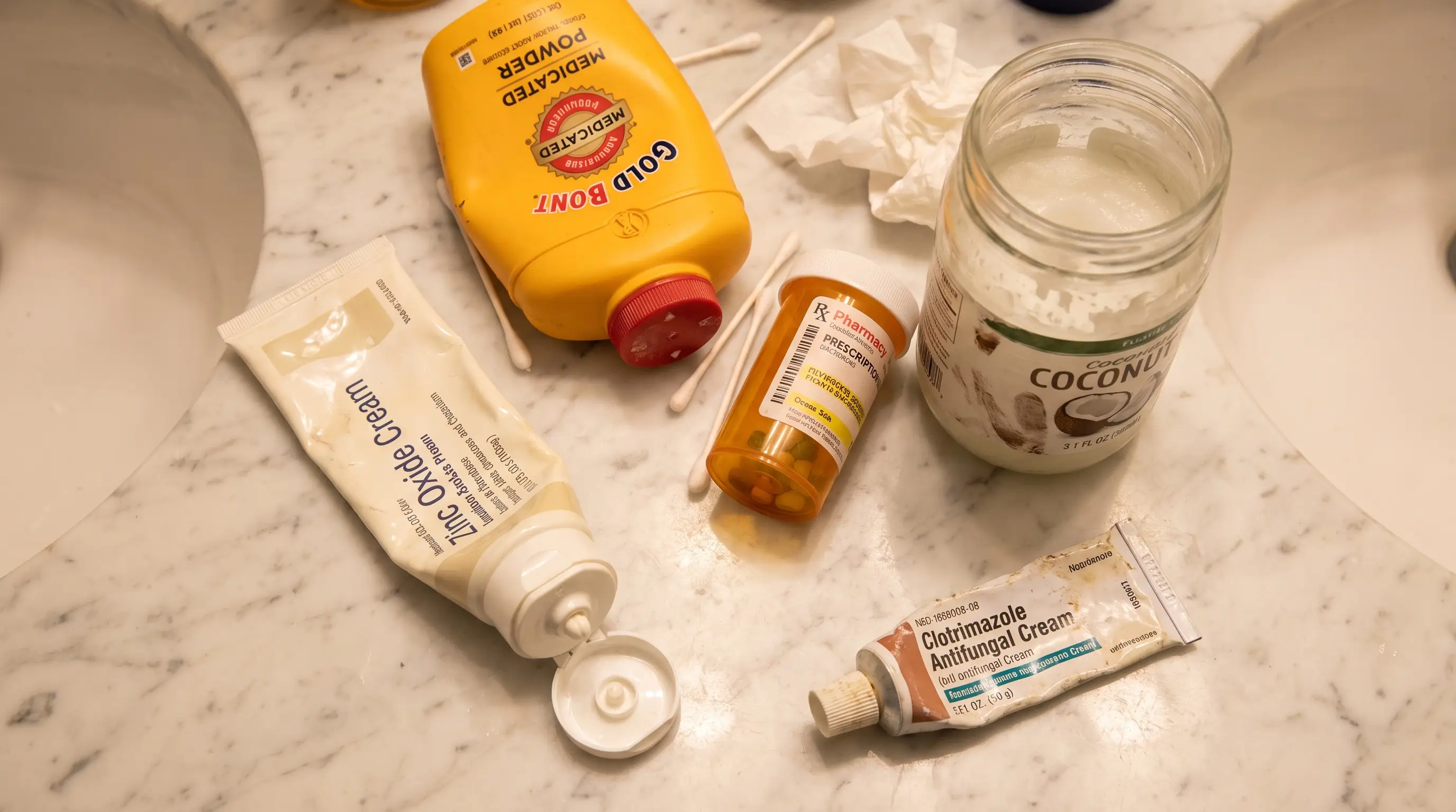 Bathroom counter with half-used tubes and bottles — the cycle of failed treatments
