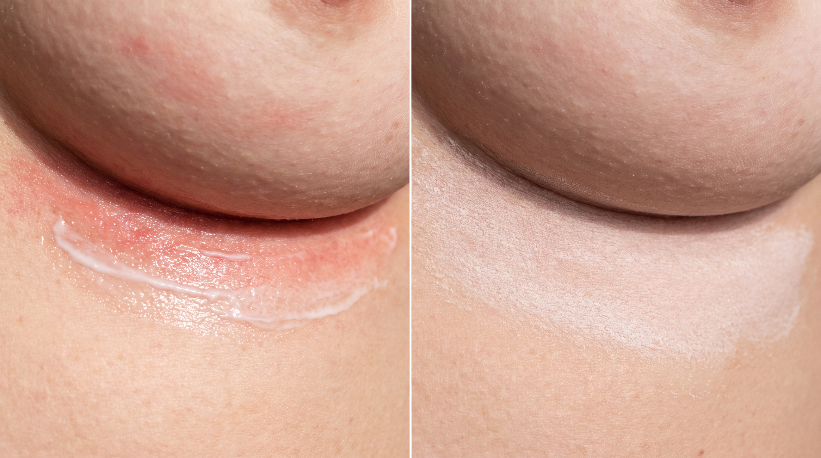 Before and after: cream applied on irritated skin fold, then dried to powder finish after 60 seconds
