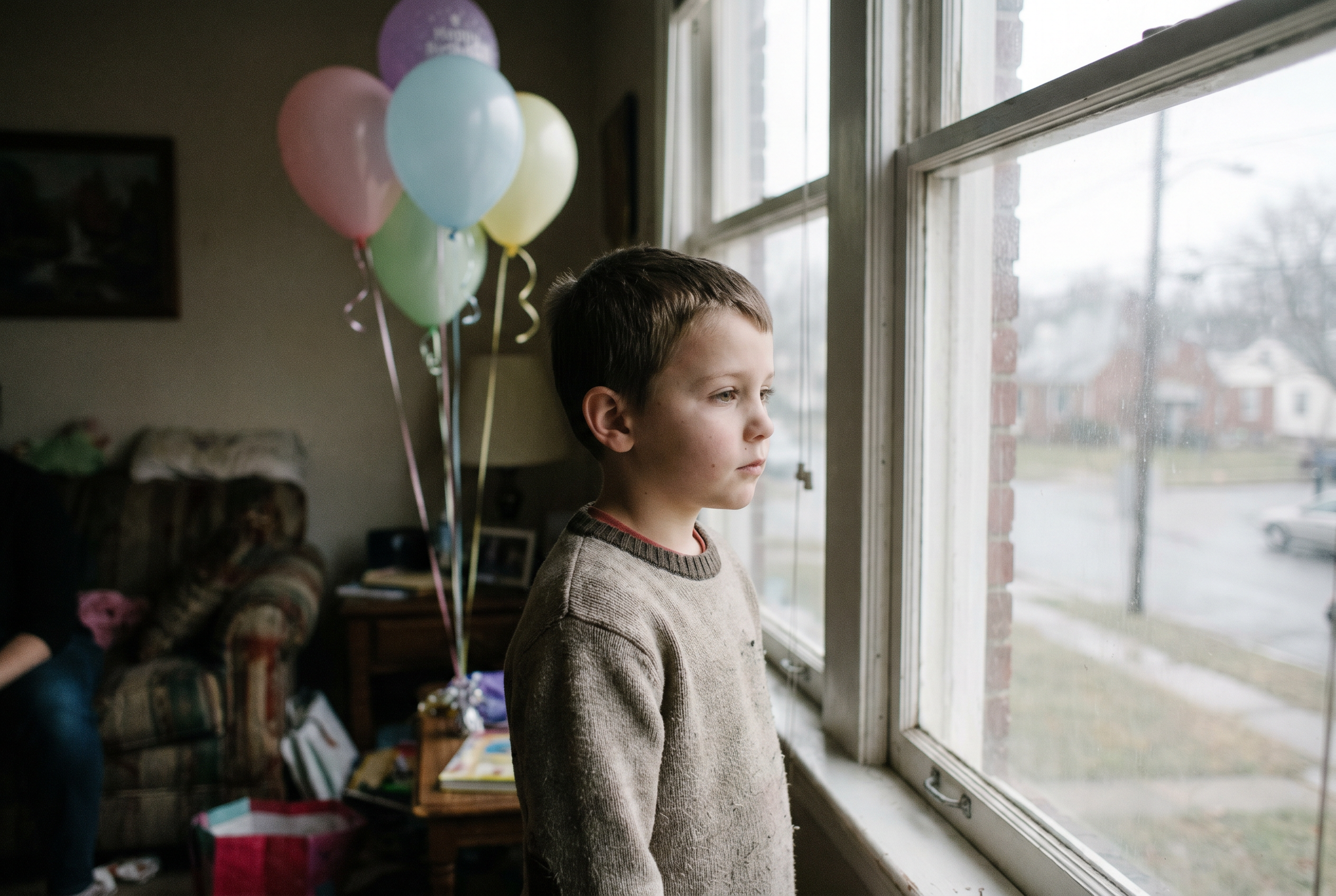 Junge steht allein am Fenster und schaut hinaus