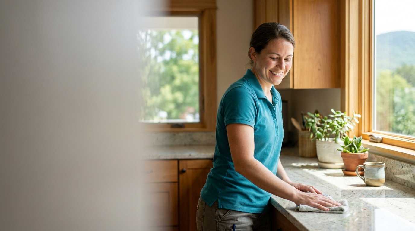 Placeholder photo: professional cleaner wiping down a bright kitchen counter (replace with real photo)