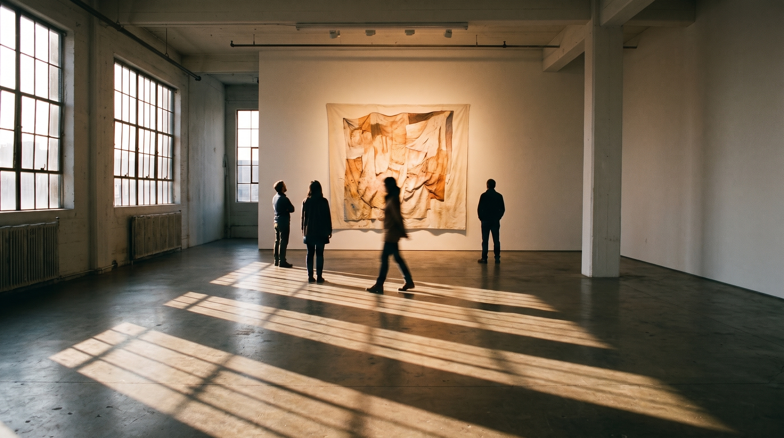 Visitors in a museum gallery looking at an illuminated contemporary artwork