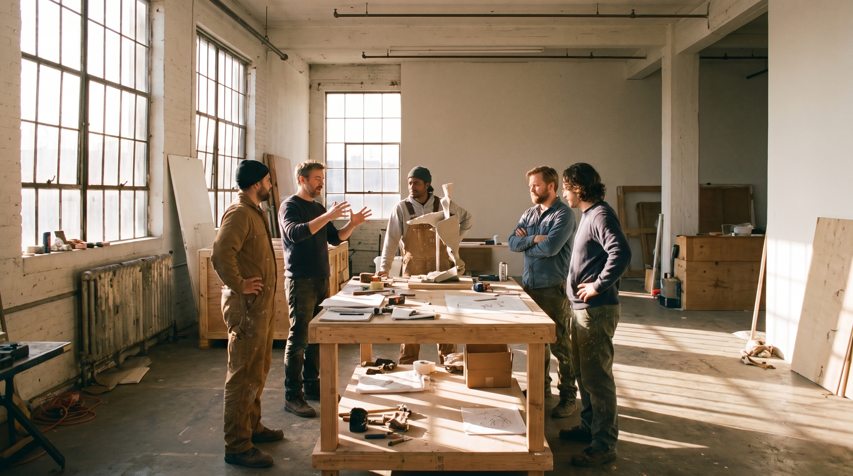 Artists and technicians in conversation around a workbench