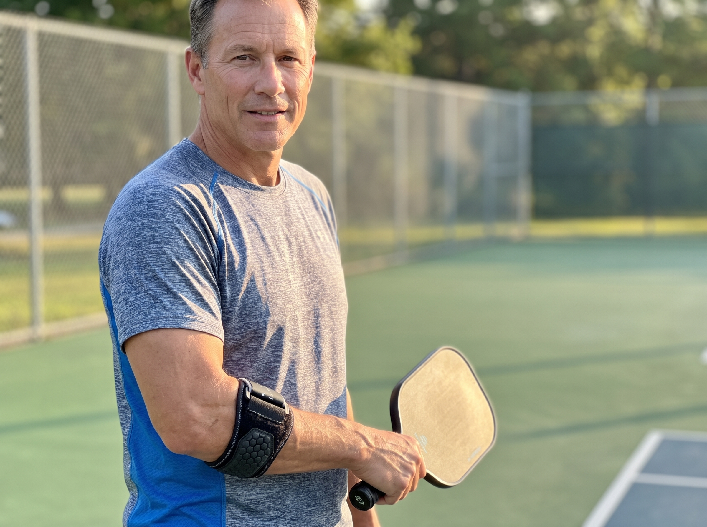 Player wearing the Rally Strap on his forearm at an outdoor pickleball court