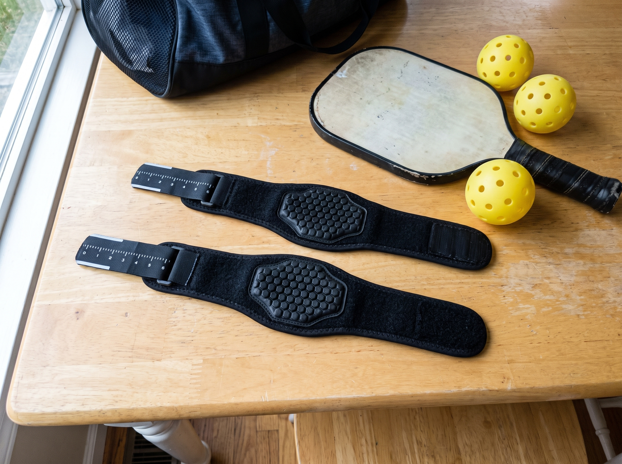 Two Rally Straps laid next to a pickleball paddle and balls beside a gym bag