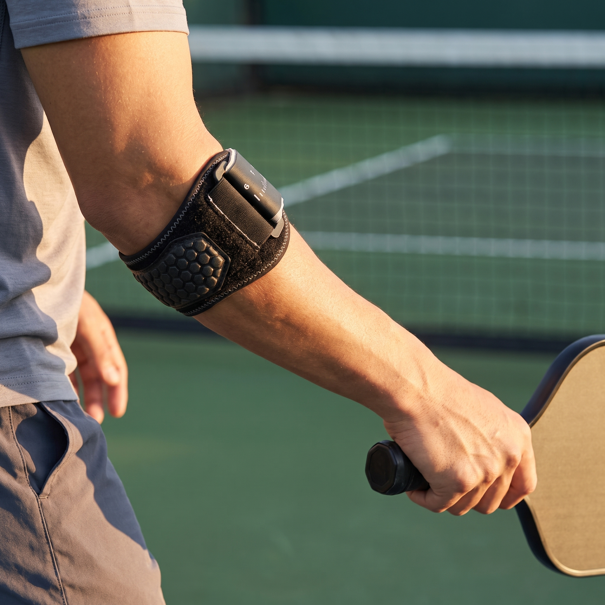 Pickleball player wearing the Rally Strap on the outer forearm on a morning court
