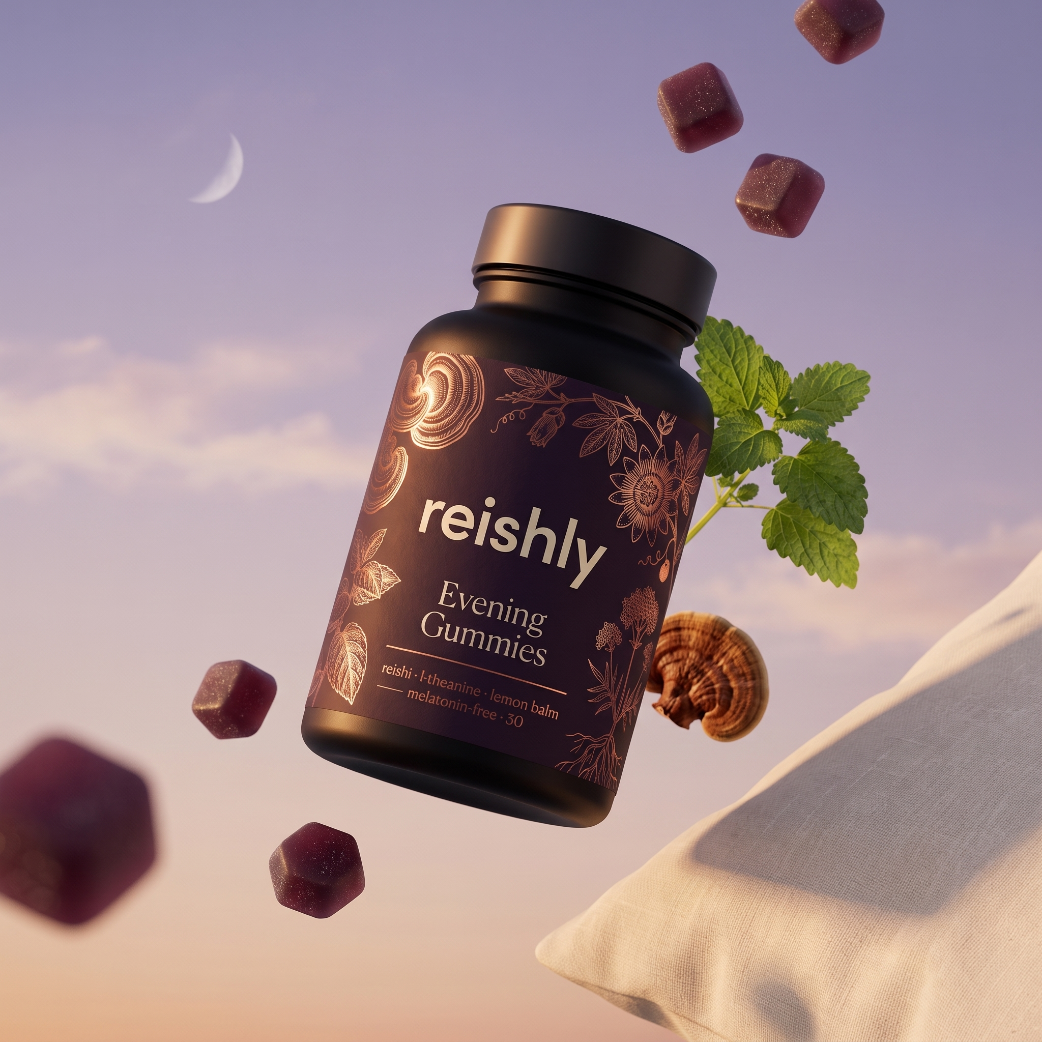 Reishly Evening Gummies bottle floating against a twilight sky with gummies, lemon balm and reishi.