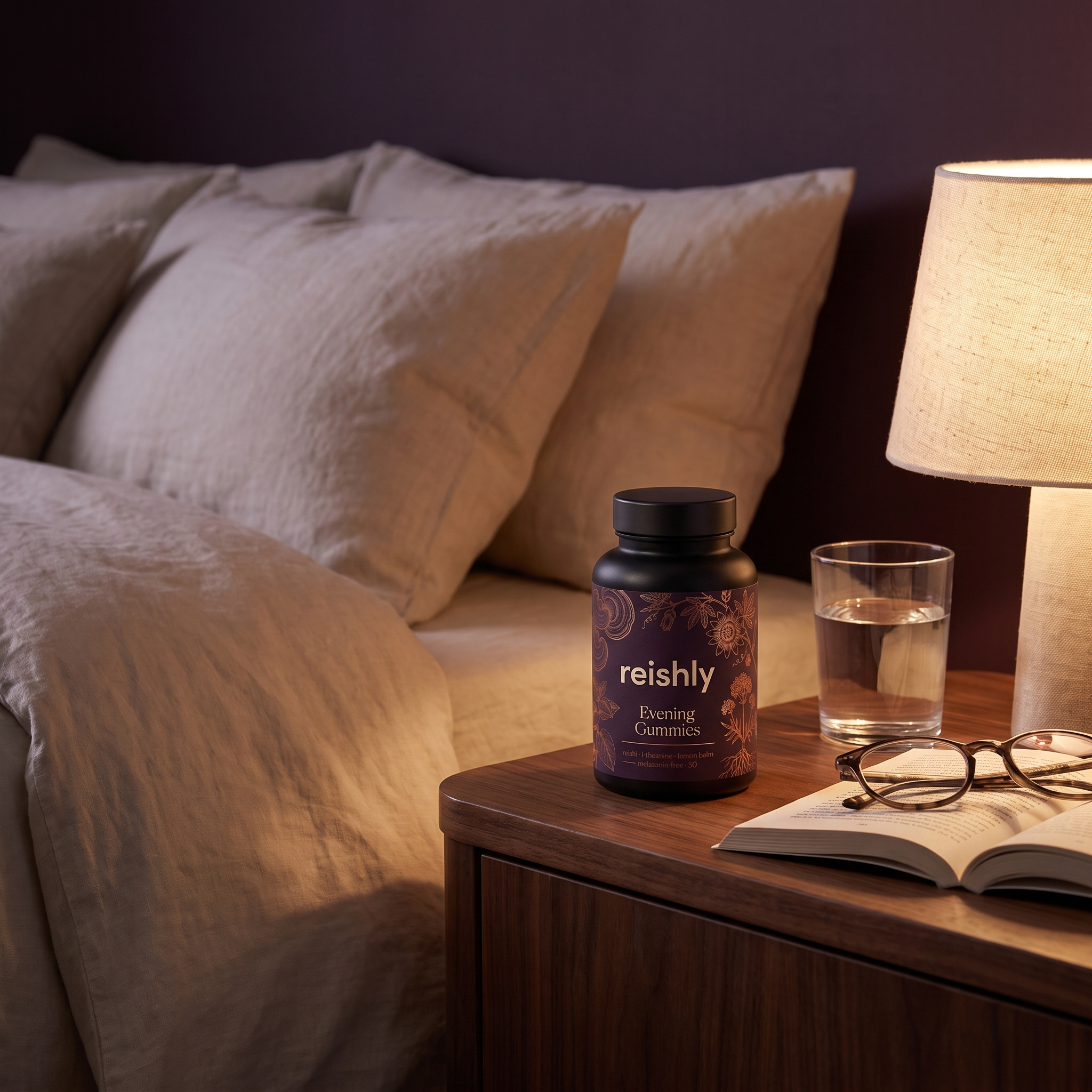 Reishly Evening Gummies — reishi, L-theanine, lemon balm, passion flower, valerian. Melatonin-free.