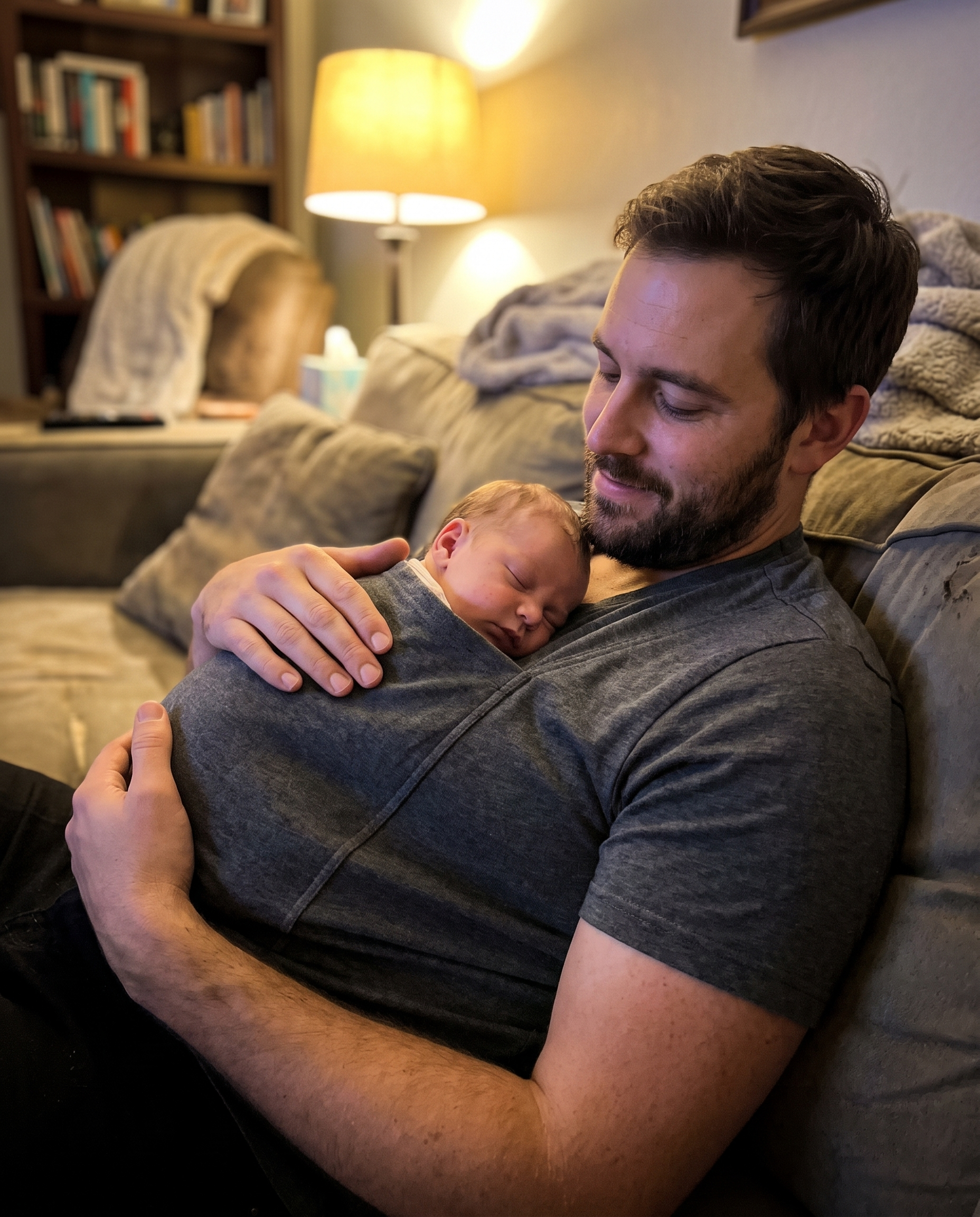 A dad on the couch at night with his sleeping newborn settled against his chest in the LIOR Kangaroo Pocket T-Shirt front pouch