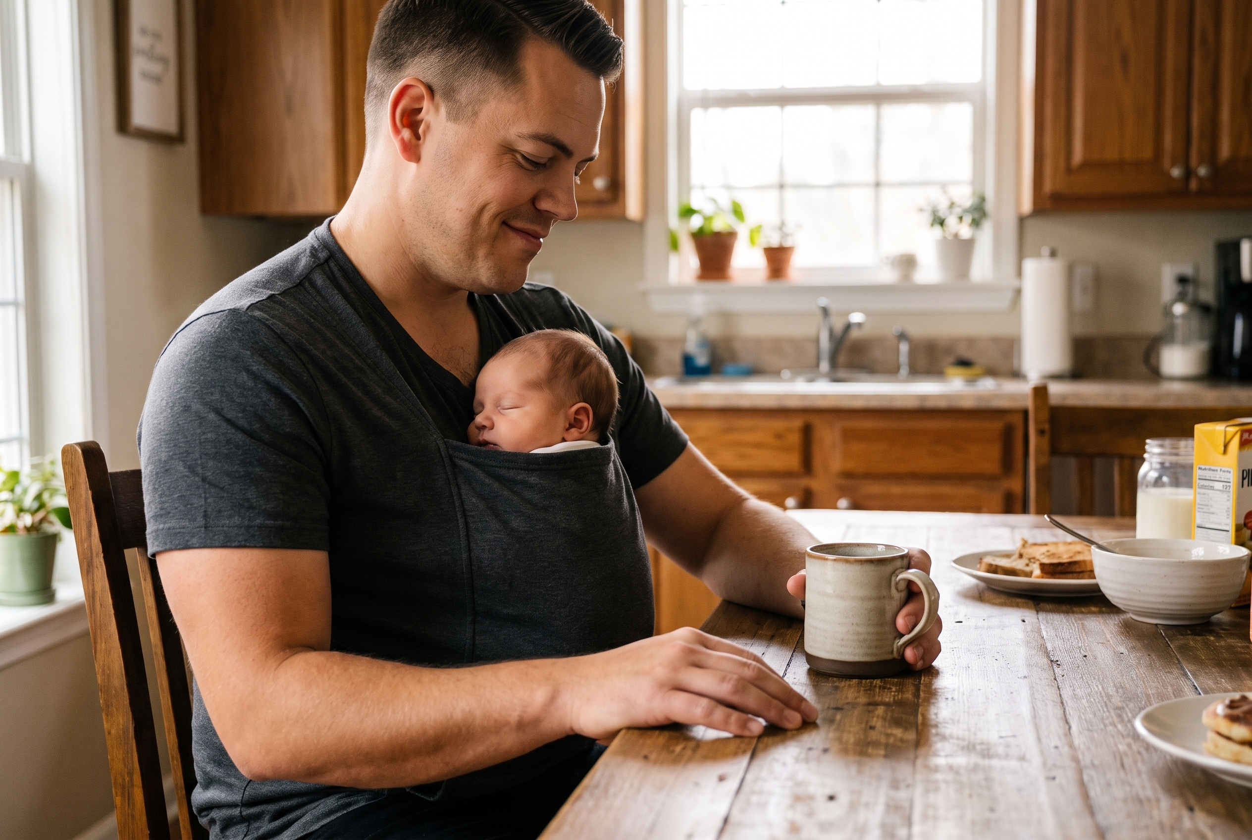 A relaxed dad having coffee one-handed while his baby sleeps in the shirt's front pouch