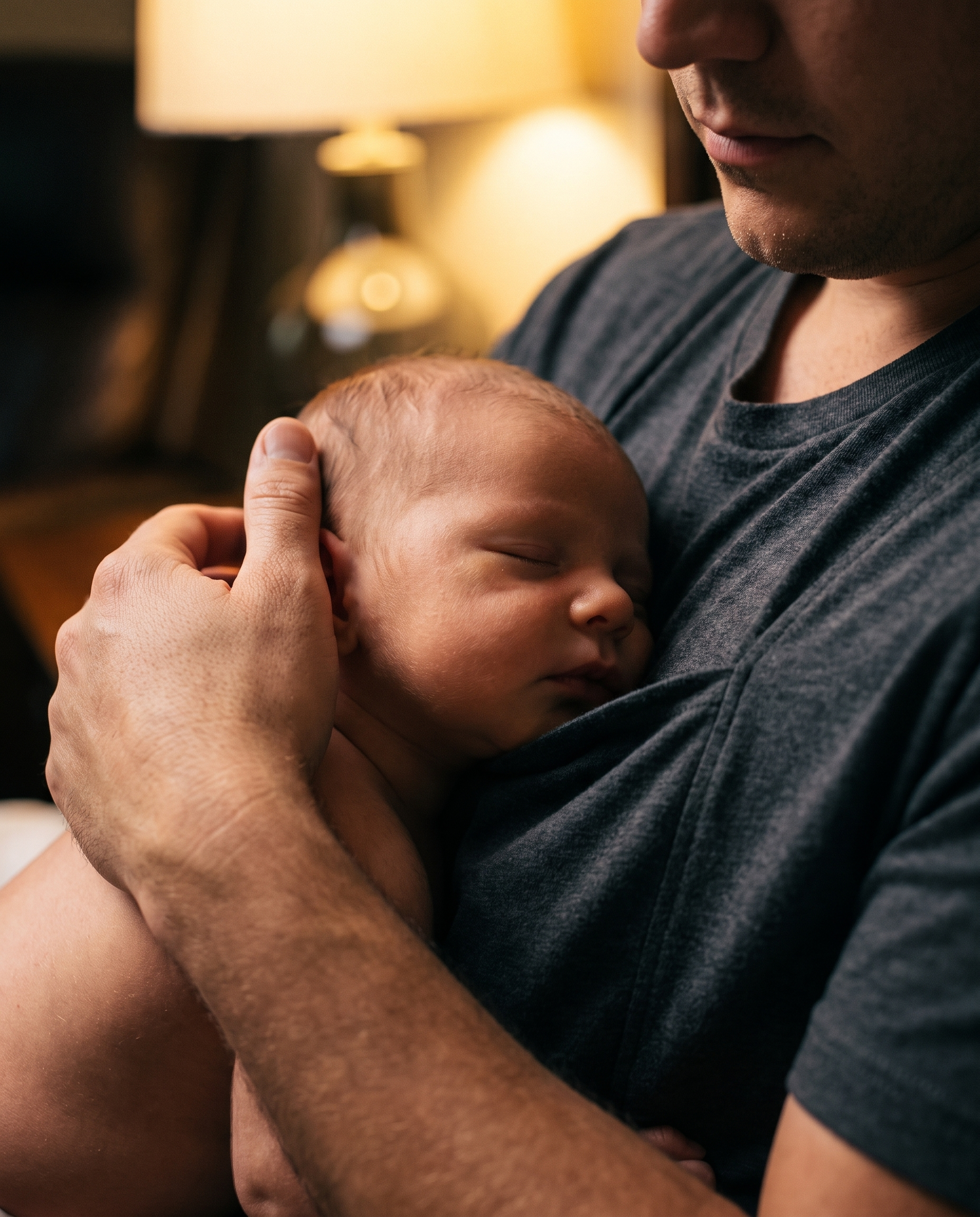 A sleeping newborn's cheek resting against dad's chest in the Kangaroo Pocket Tee