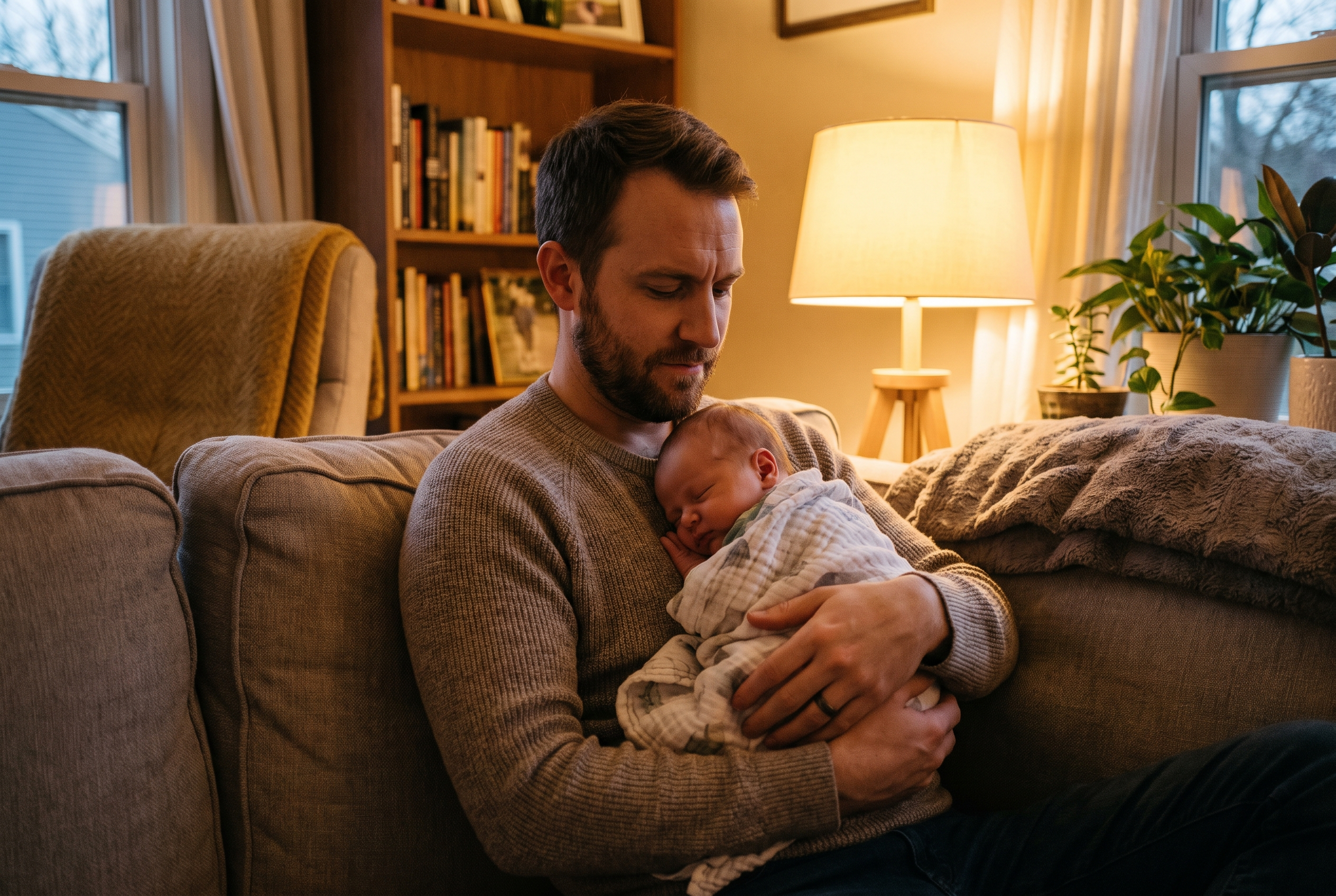 A steady, caring new dad cradling his newborn close against his chest in a warm living room