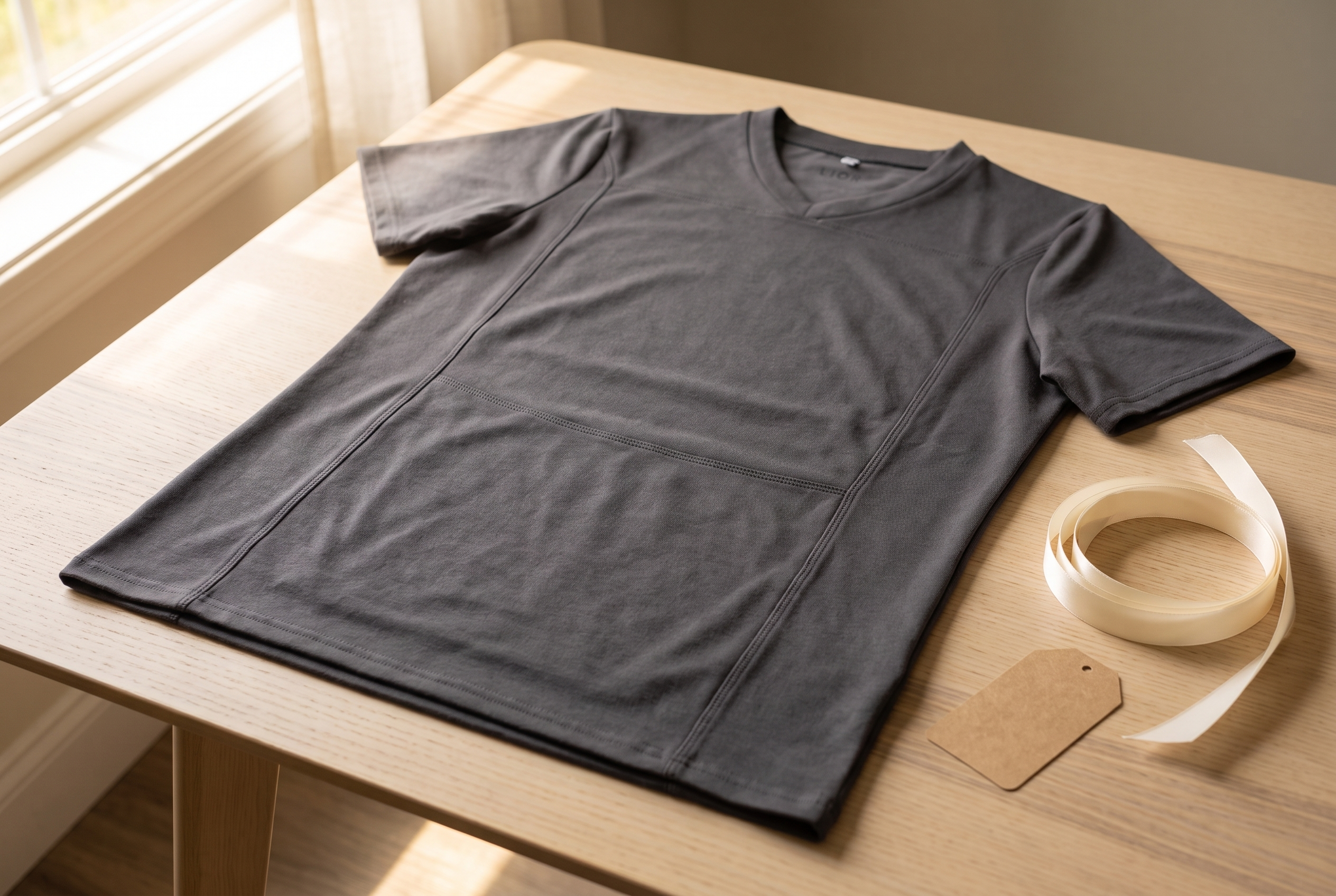 The LIOR Kangaroo Pocket Tee laid flat with its built-in front pouch visible, styled with a ribbon and gift tag