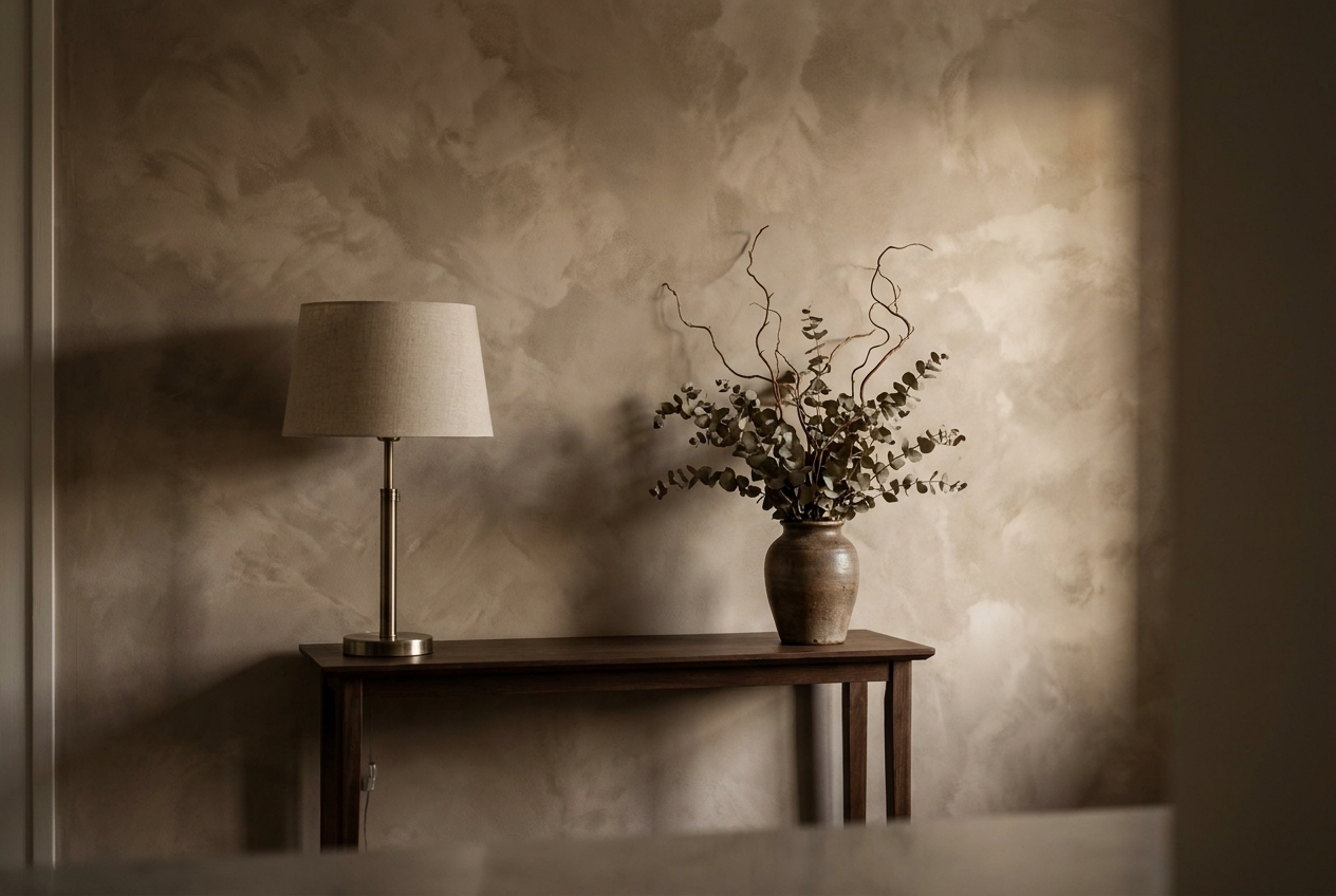 Warm French wash feature wall in an Auckland living room with timber console and brass lamp