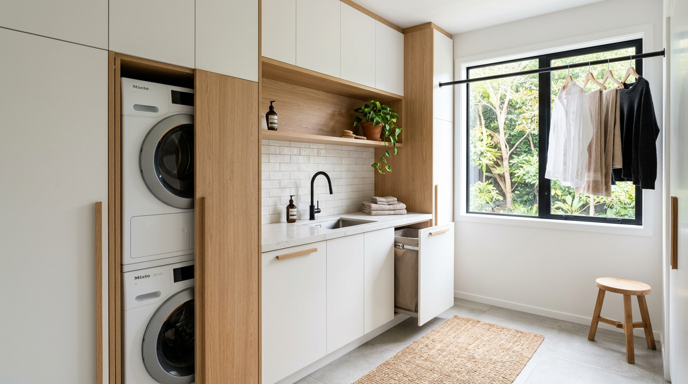 Modern high-end Auckland laundry room with custom white and oak cabinetry and a stone benchtop