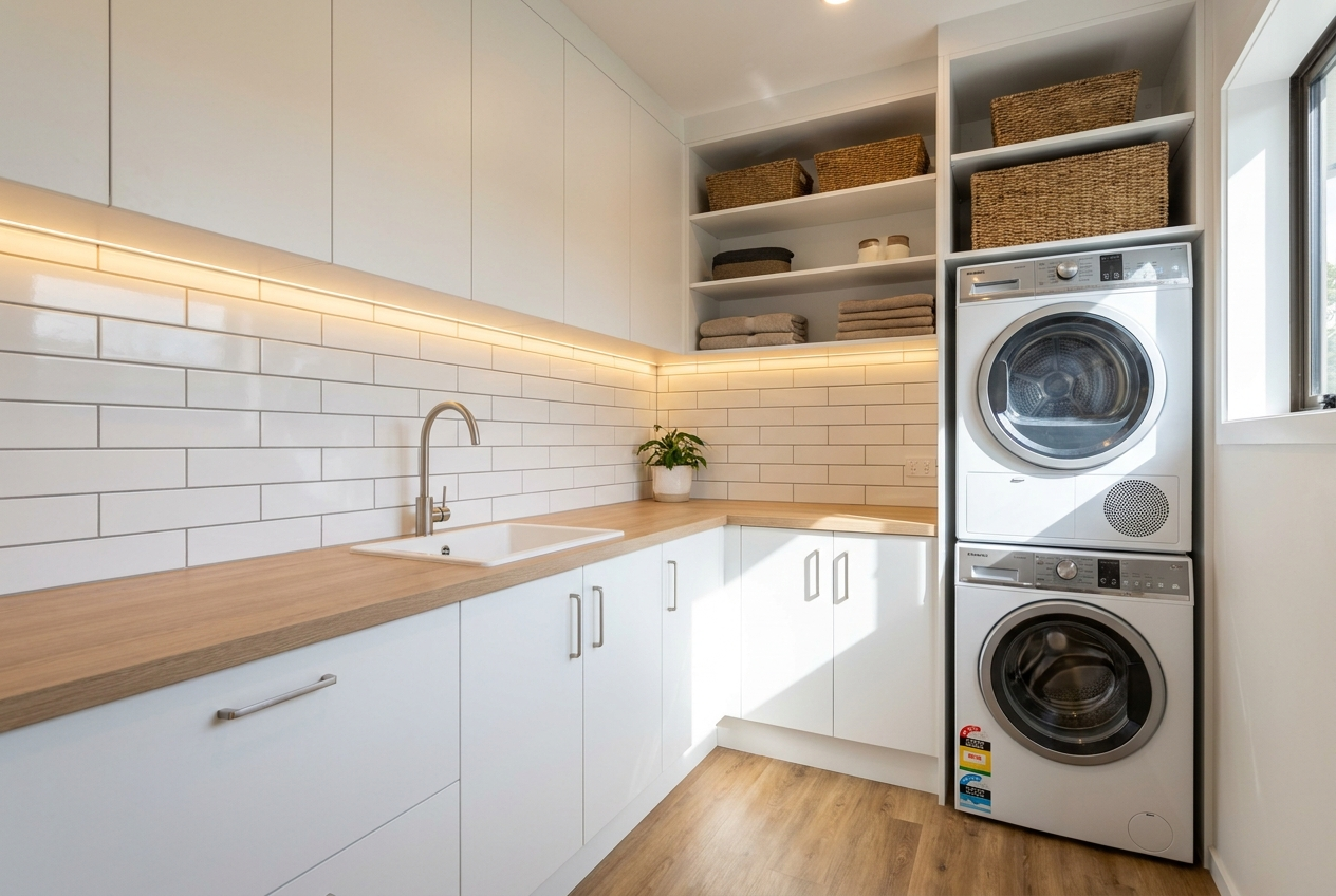 Mid-range NZ laundry renovation with white cabinetry, a laminate benchtop and a tiled splashback