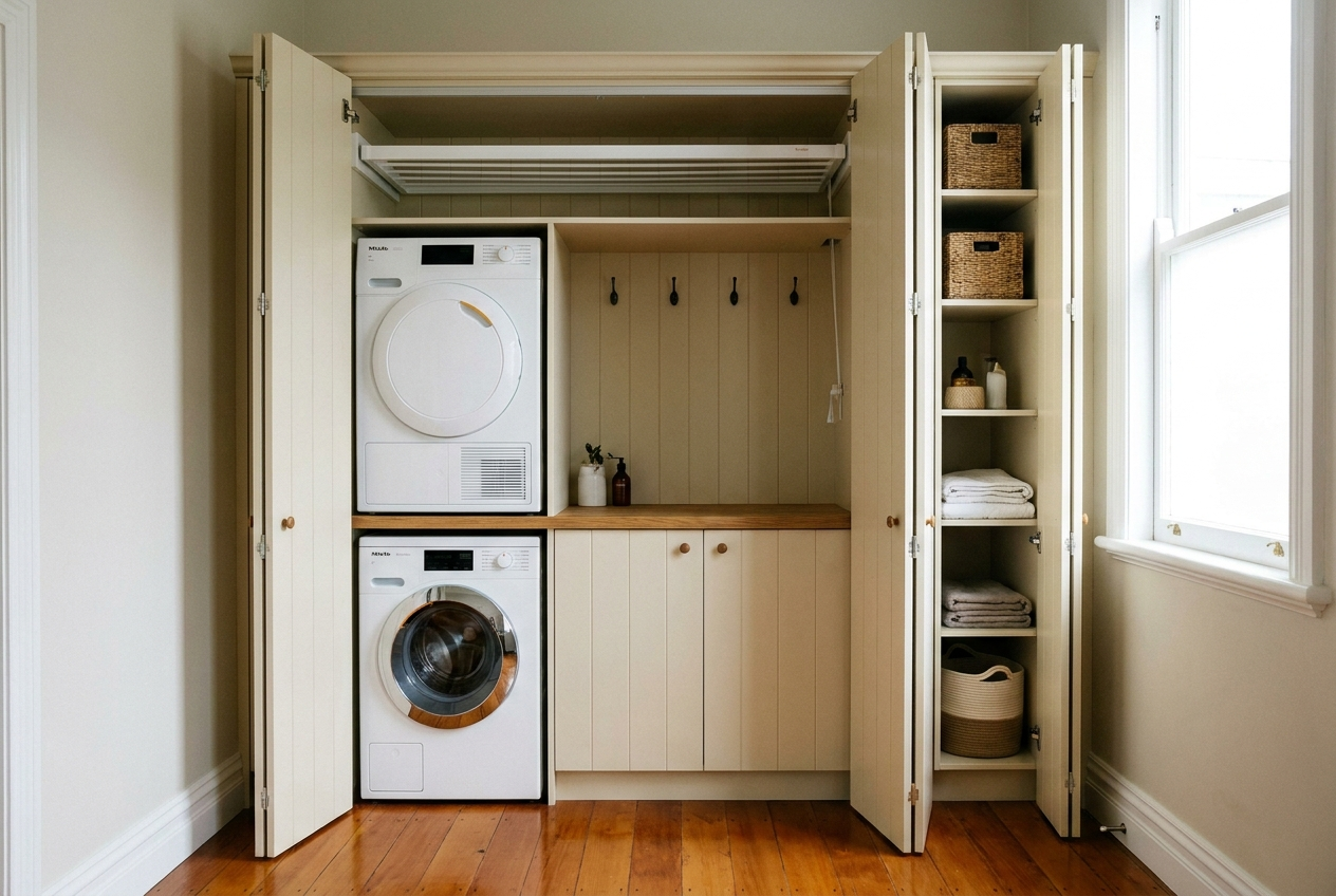 Compact laundry nook hidden behind bi-fold cabinetry doors in a small Auckland villa
