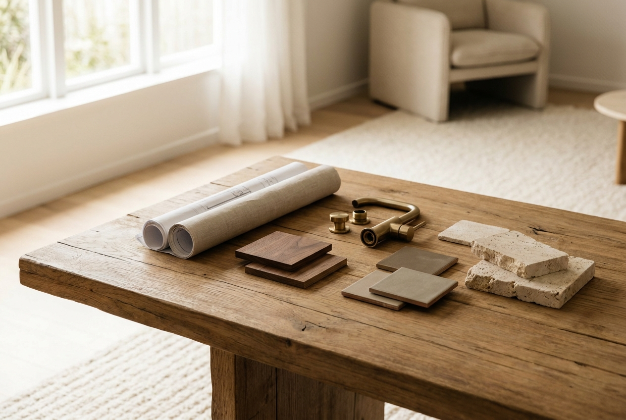 Renovation plans and material samples on a warm oak table in an Auckland home