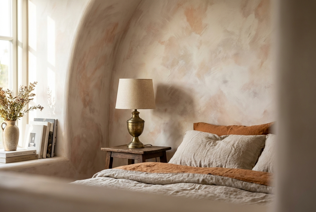 Lime-washed interior wall in a serene Auckland bedroom with warm linen and brass lamp