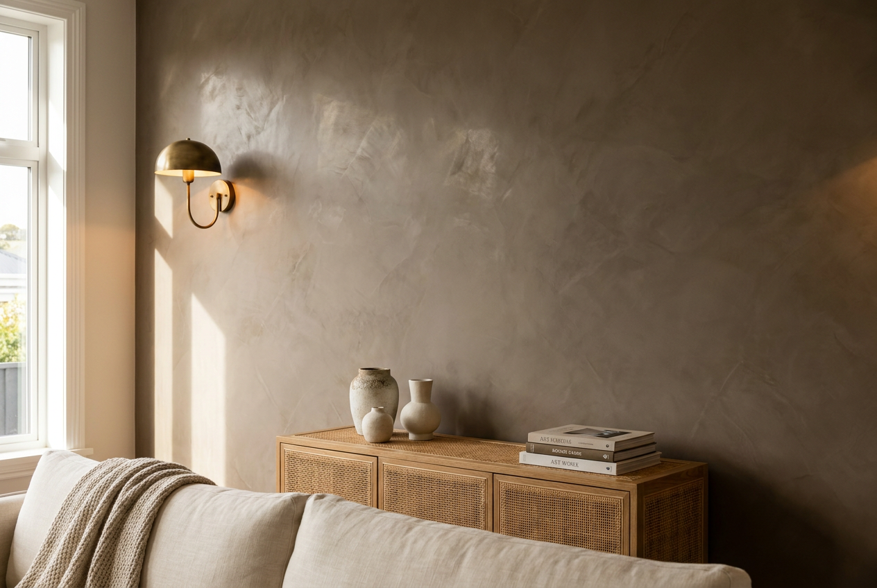Polished Venetian plaster feature wall in a warm Auckland living room with brushed brass sconce