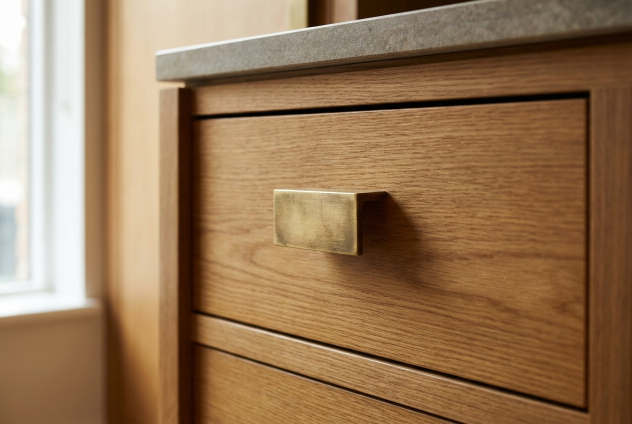 Close-up of bespoke joinery detail with warm oak drawer front and aged-brass finger pull