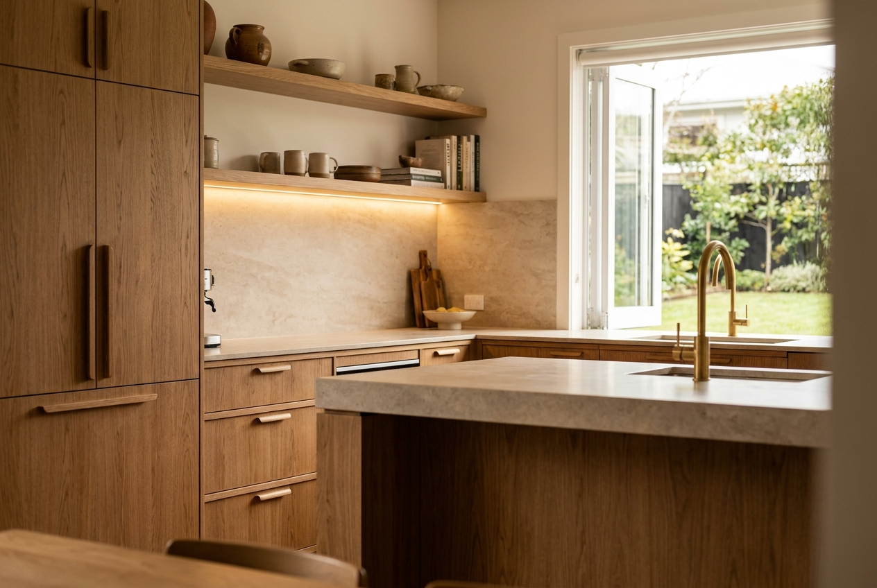 Bespoke custom oak joinery in a warm Auckland kitchen with brushed-brass hardware and stone benchtop