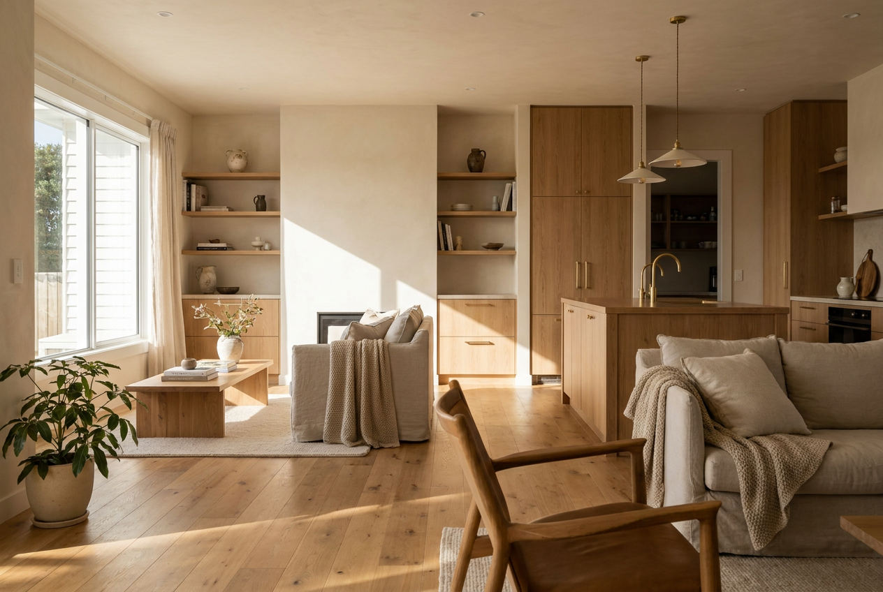Beautifully remodelled open-plan Auckland living and kitchen with bespoke timber joinery