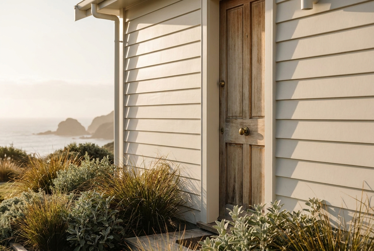 Freshly repainted weatherboard exterior on an Auckland coastal home in late afternoon light