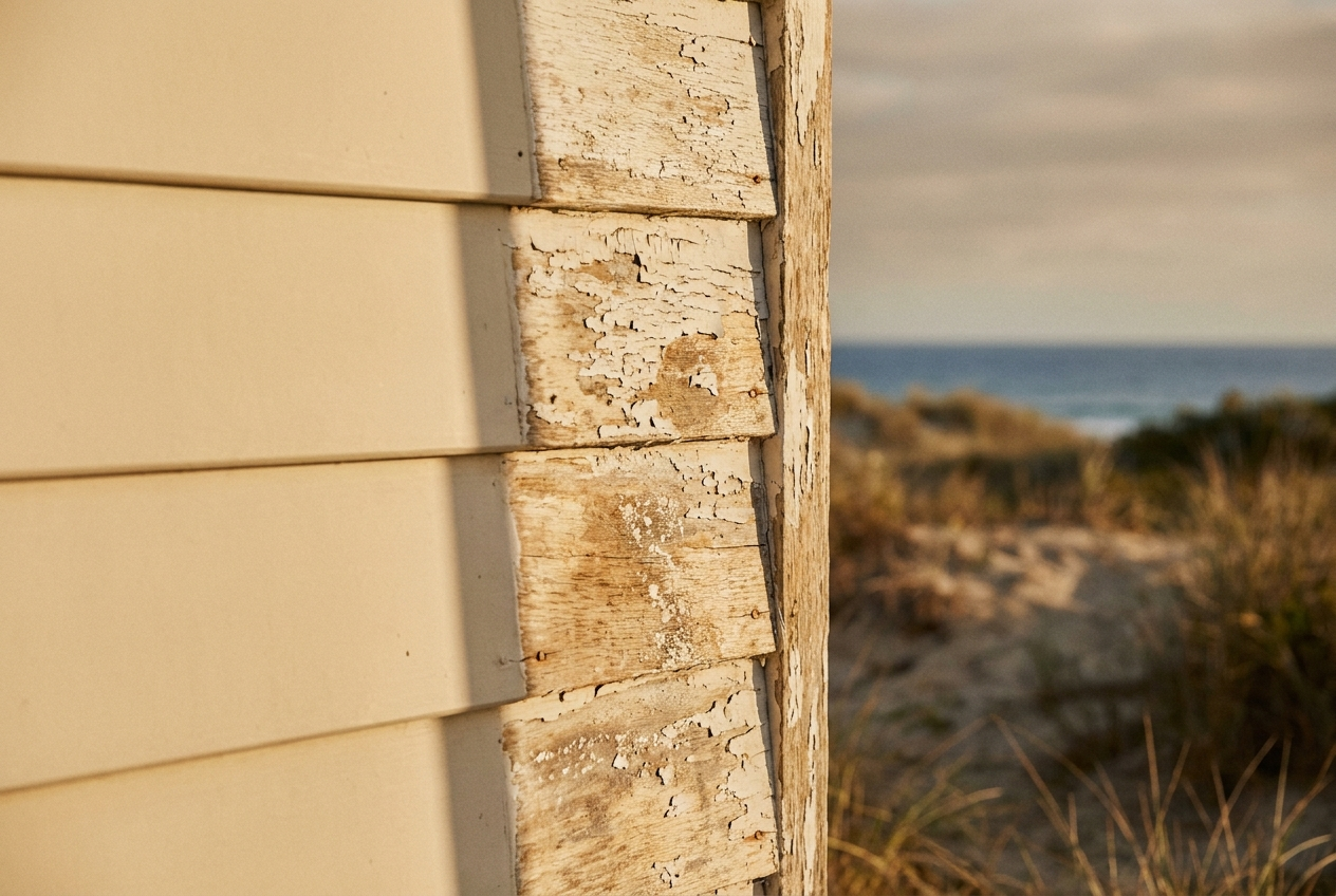 Paint blistering and lifting on weatherboard cladding of an Auckland coastal home