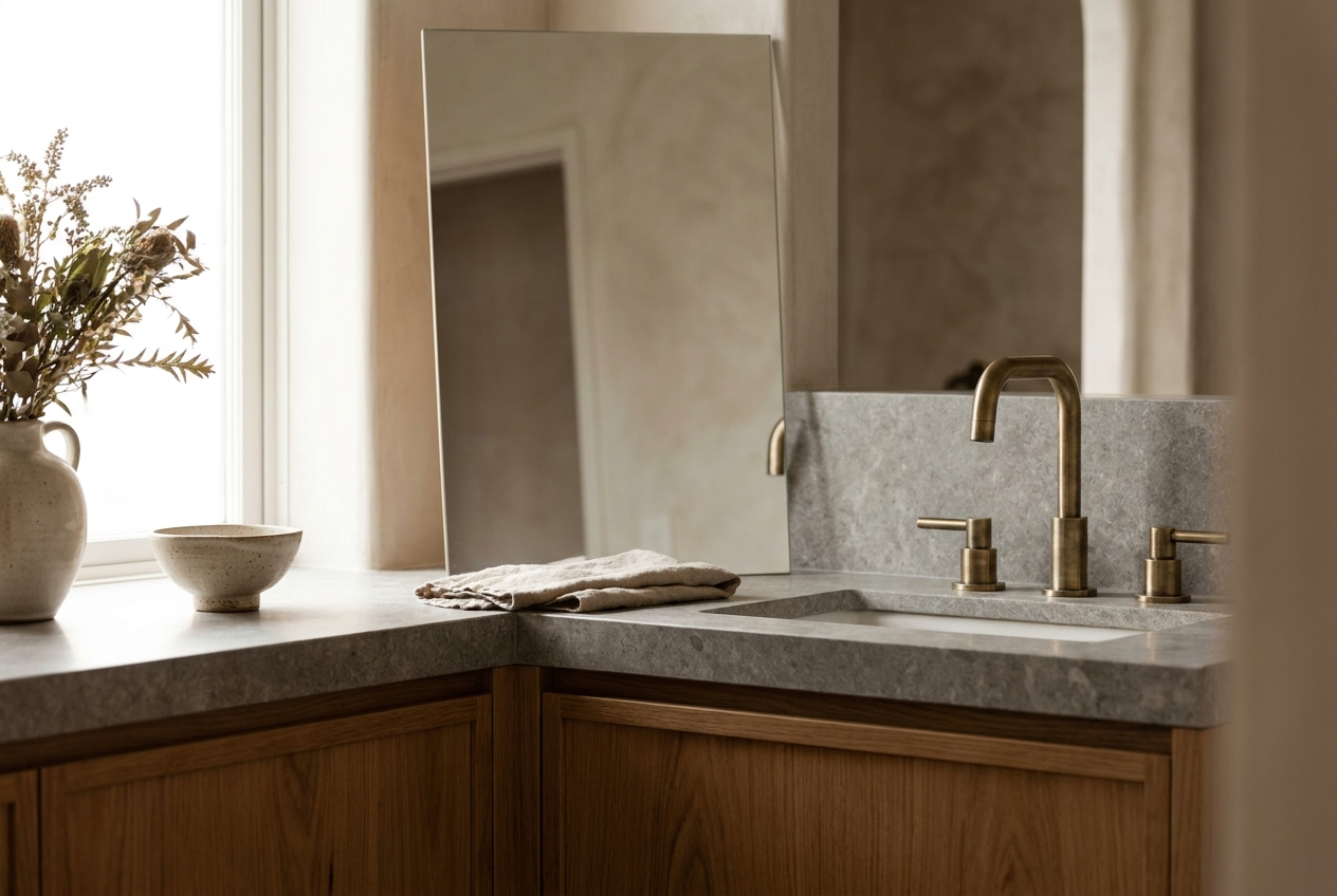 Brushed aged-brass tapware on a stone vanity with warm oak cabinetry in an Auckland bathroom