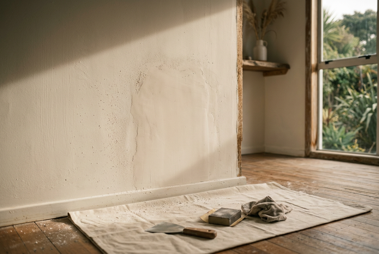 Skim-coated plaster repair feathered into a water-damaged interior wall before painting