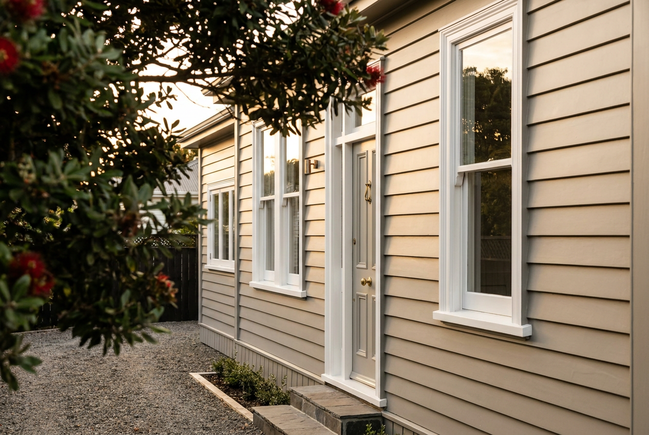 Freshly painted Auckland weatherboard villa exterior in warm putty grey with crisp white joinery in late afternoon light