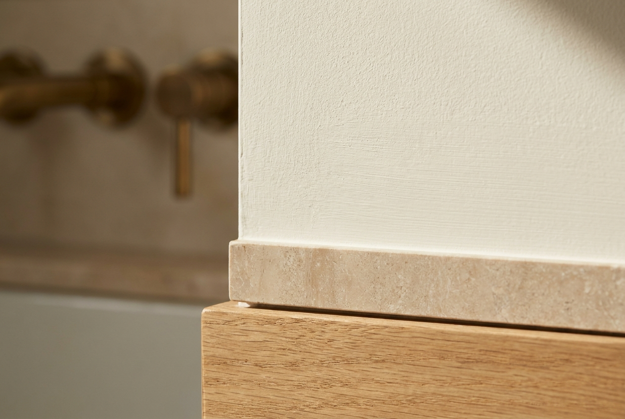 Close-up of a crisp paint line where semi-gloss bathroom paint meets oak skirting and honed stone tile in an Auckland bathroom