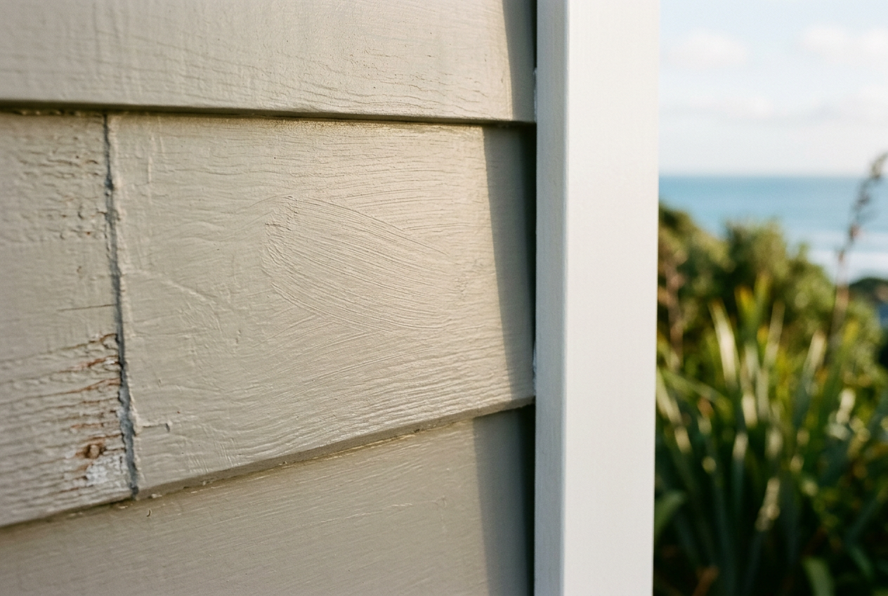 Close-up of exterior paint film on Auckland weatherboards showing how coastal salt air and UV wear the surface over time