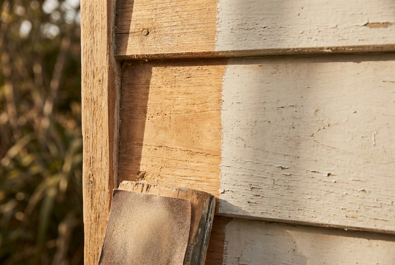 Weatherboard half sanded back to raw timber grain and half still in old paint, showing the feathered edge good prep leaves
