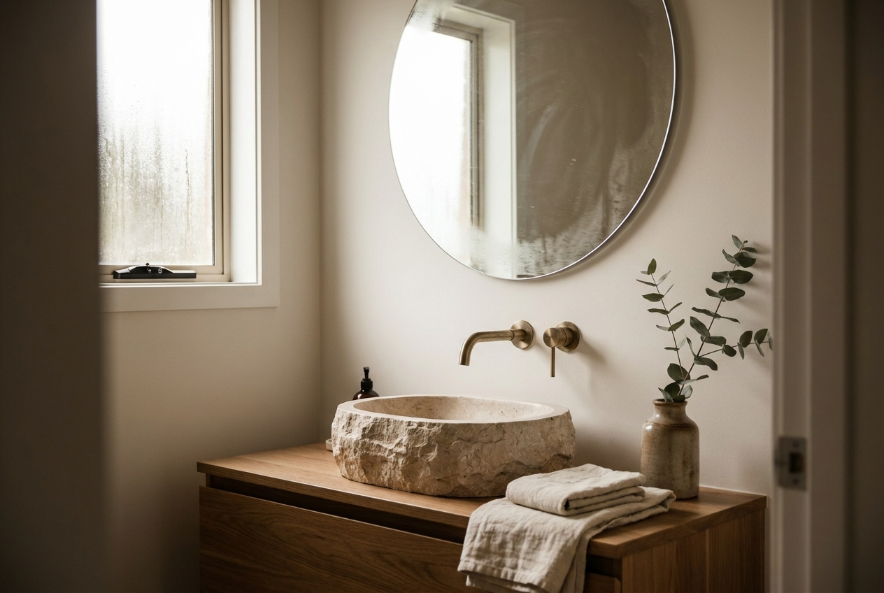 Auckland bathroom painted with moisture-resistant low-sheen bathroom paint, warm oak vanity and brushed brass tapware