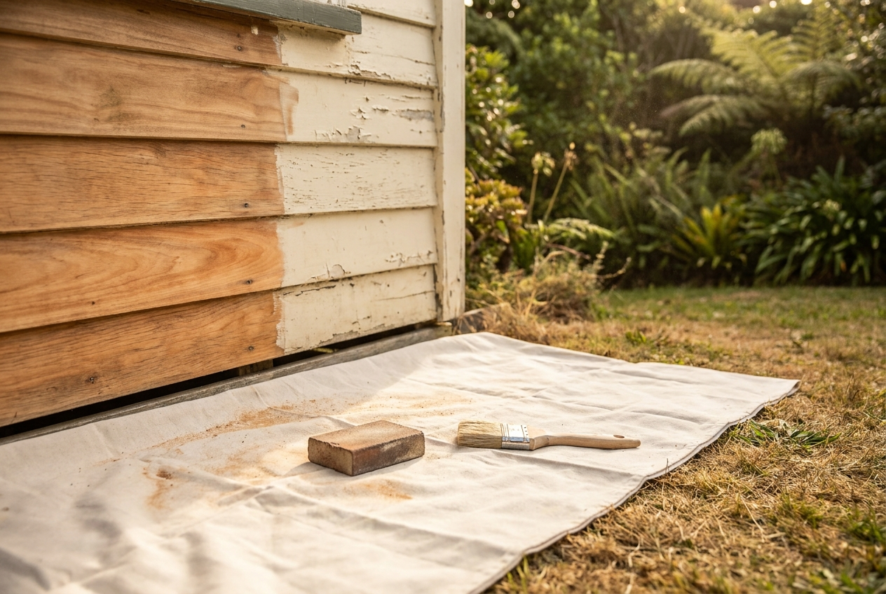 Auckland villa weatherboards sanded back to bare timber beside old paint, drop sheet and sanding block ready for repainting