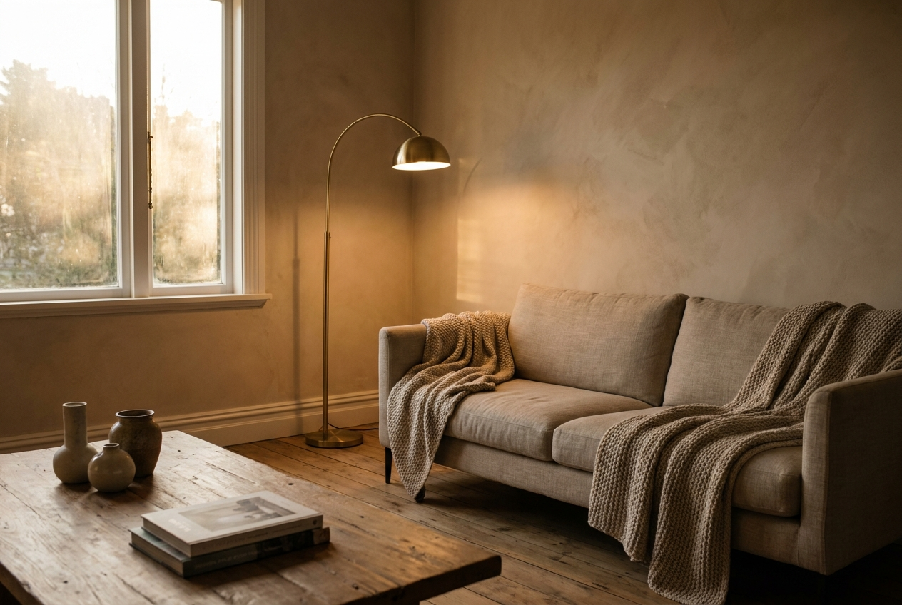 Auckland living room styled for resale with warm limewash walls and oak flooring