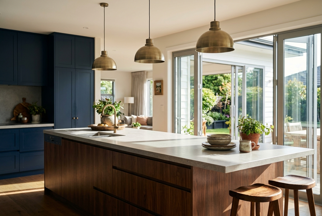 Open-plan Auckland kitchen with a large island and brushed brass pendant lights