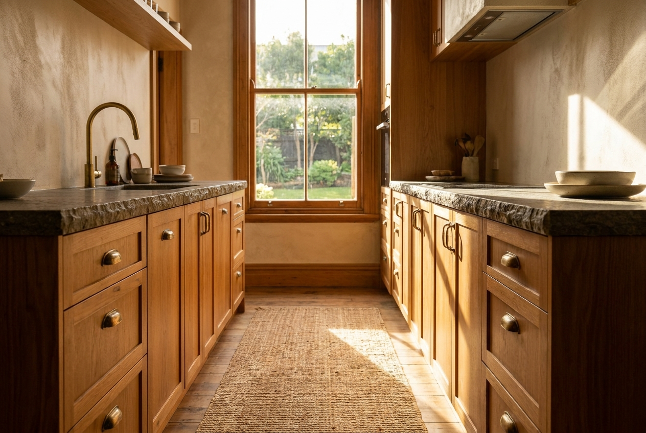 High-end NZ kitchen with warm timber cabinetry, stone benchtops and brushed brass tapware
