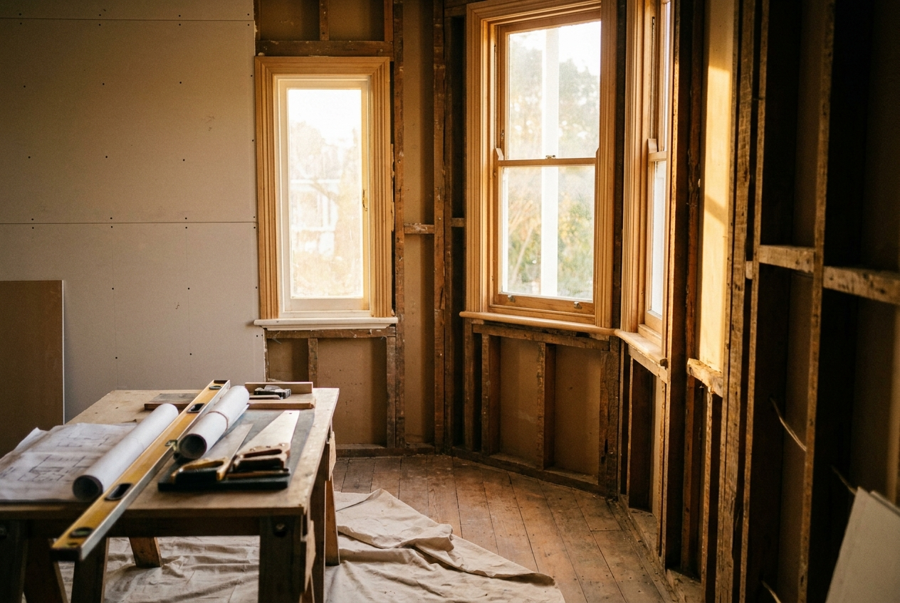 Auckland villa renovation in progress with exposed framing and new plasterboard