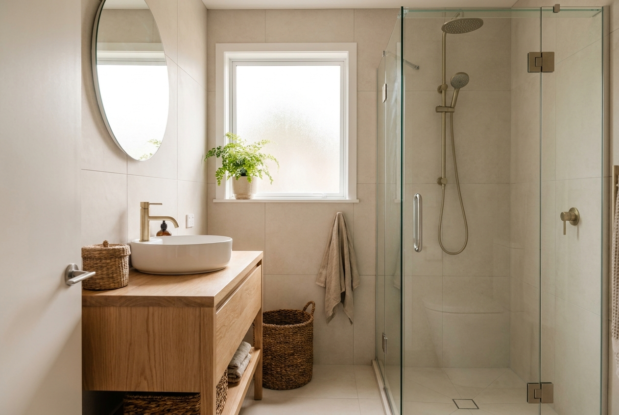 Budget bathroom renovation in an Auckland home with timber vanity and brushed brass tap