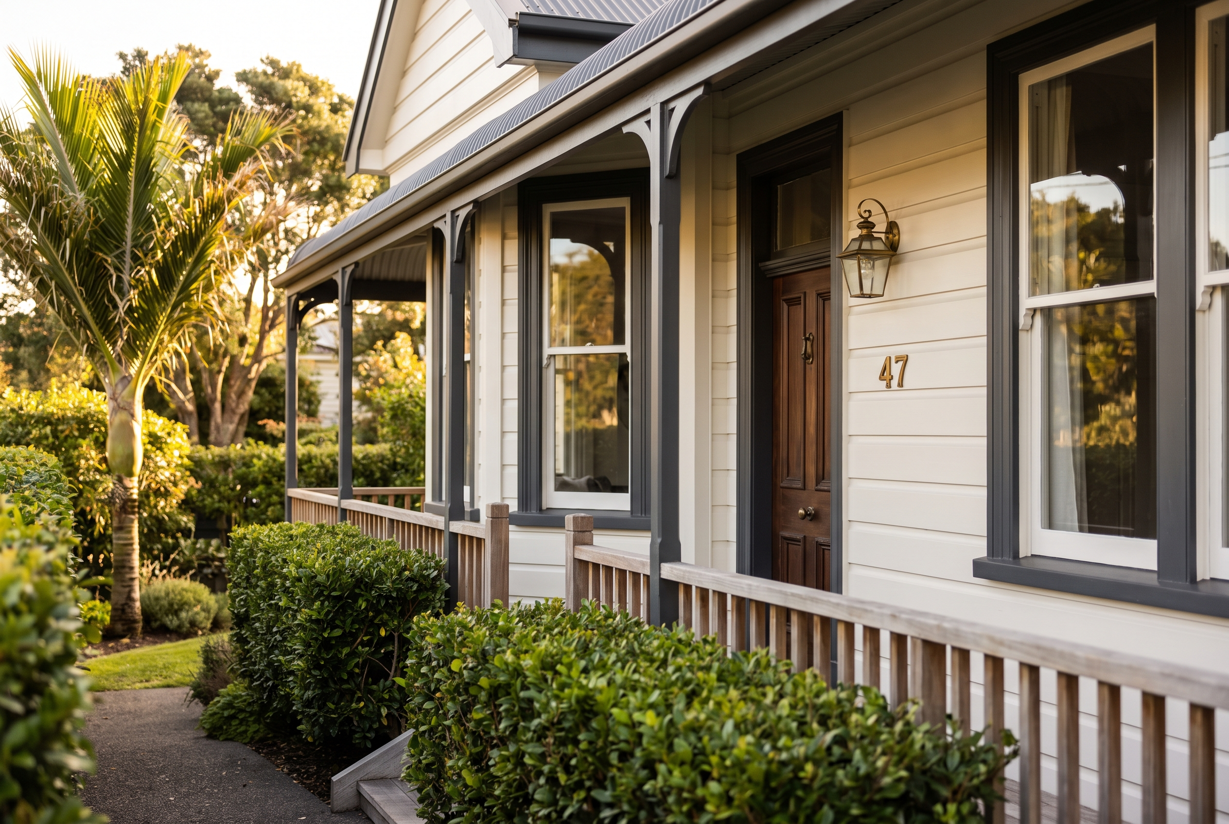 Auckland weatherboard villa exterior freshly repainted in soft white with charcoal trim for street appeal
