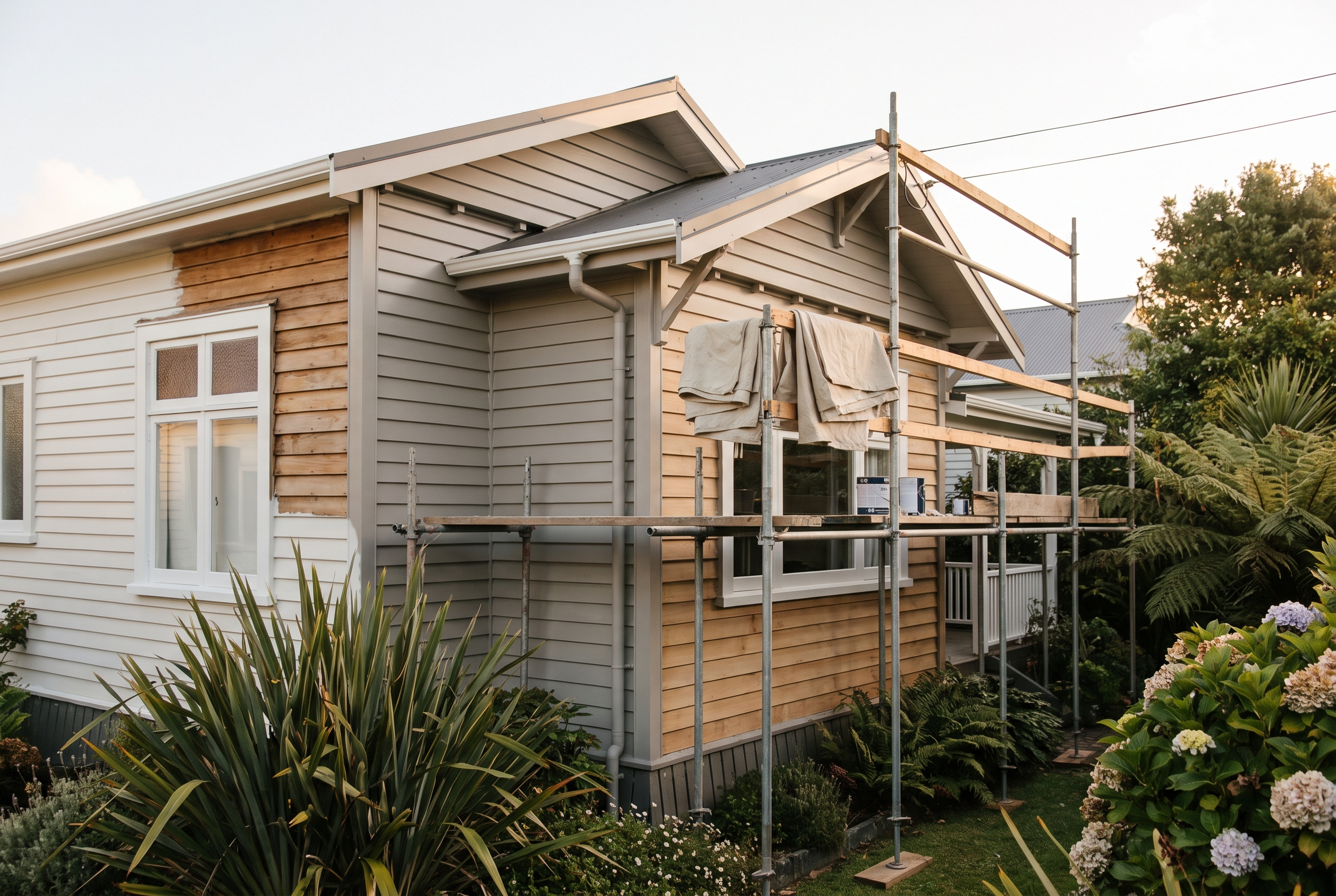 Auckland weatherboard bungalow exterior being repainted in warm dove grey with white trim