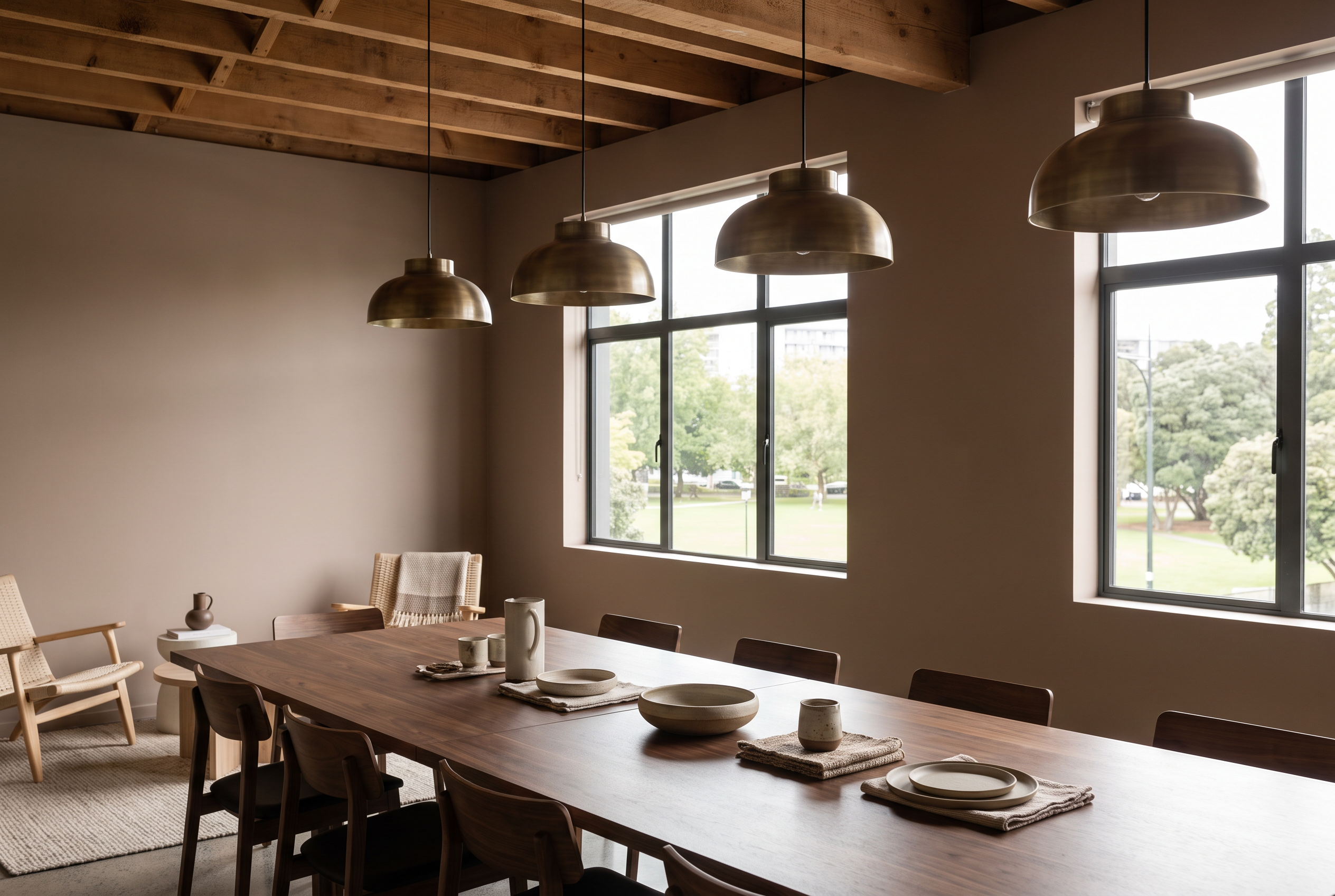 Freshly repainted Auckland commercial office interior in warm neutral tones with timber ceiling