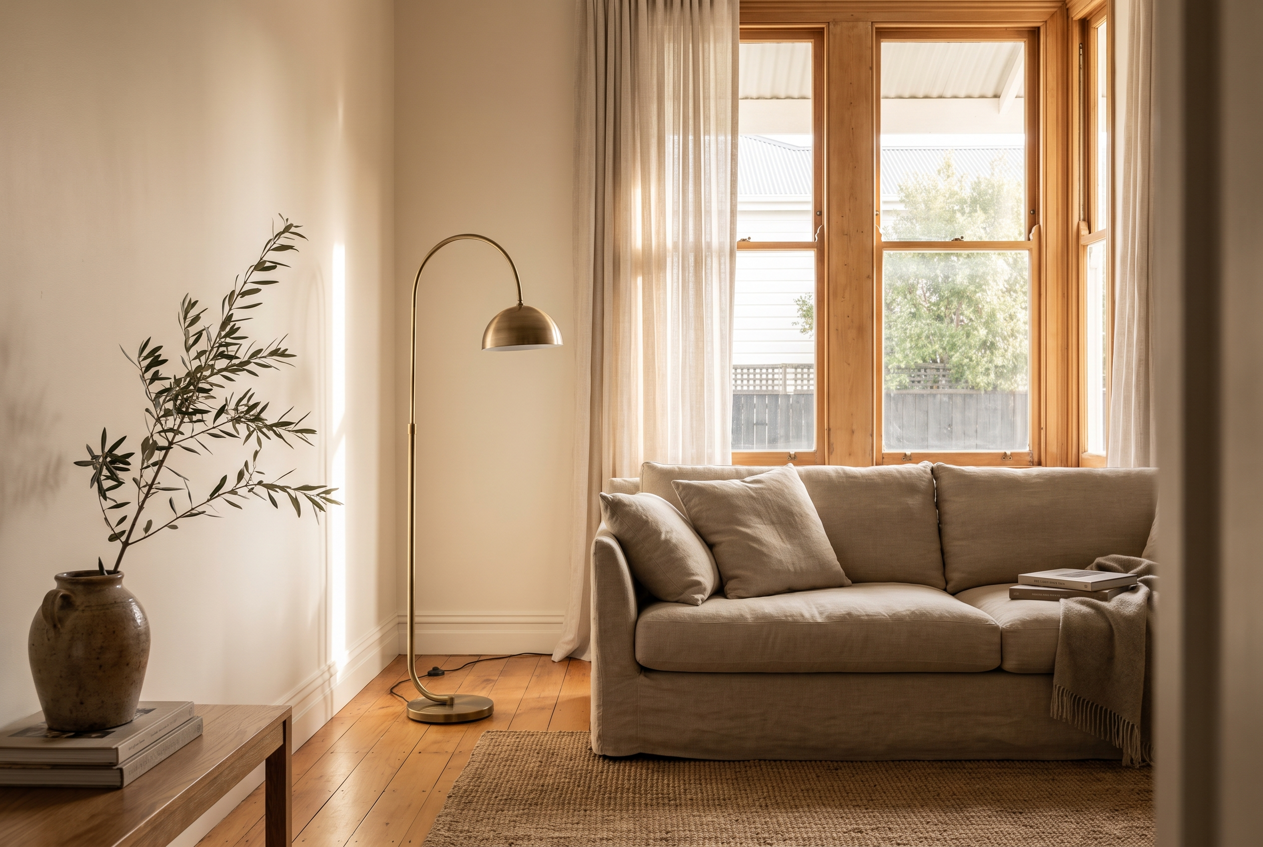 Freshly repainted Auckland villa living room in warm neutral paint, styled for a pre-sale open home