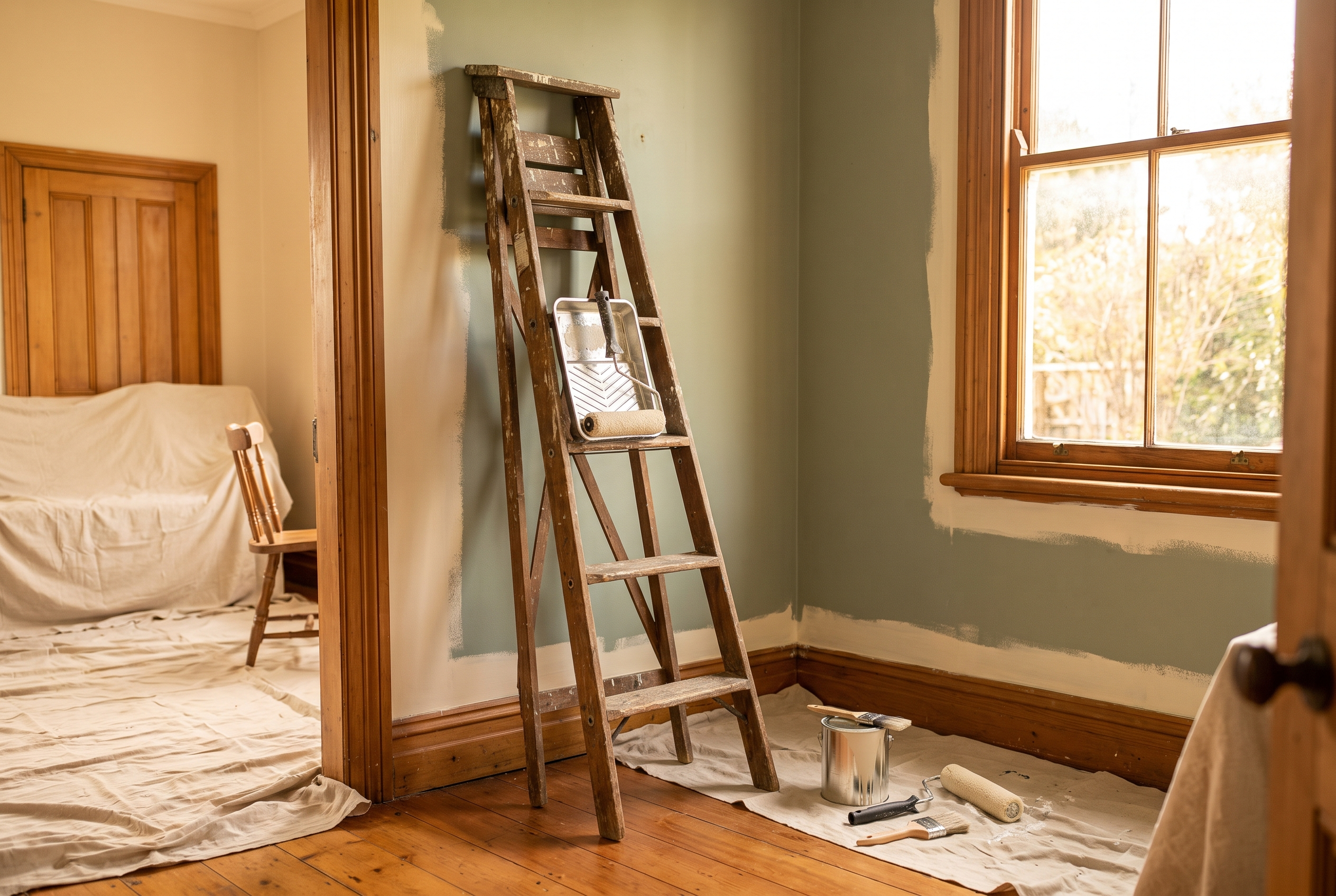 Interior house painting in progress in an Auckland home with drop sheets and a freshly cut-in wall